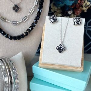 Park Lane Zebra Print Necklace  Stud Earrings Set Silver Tone Black White